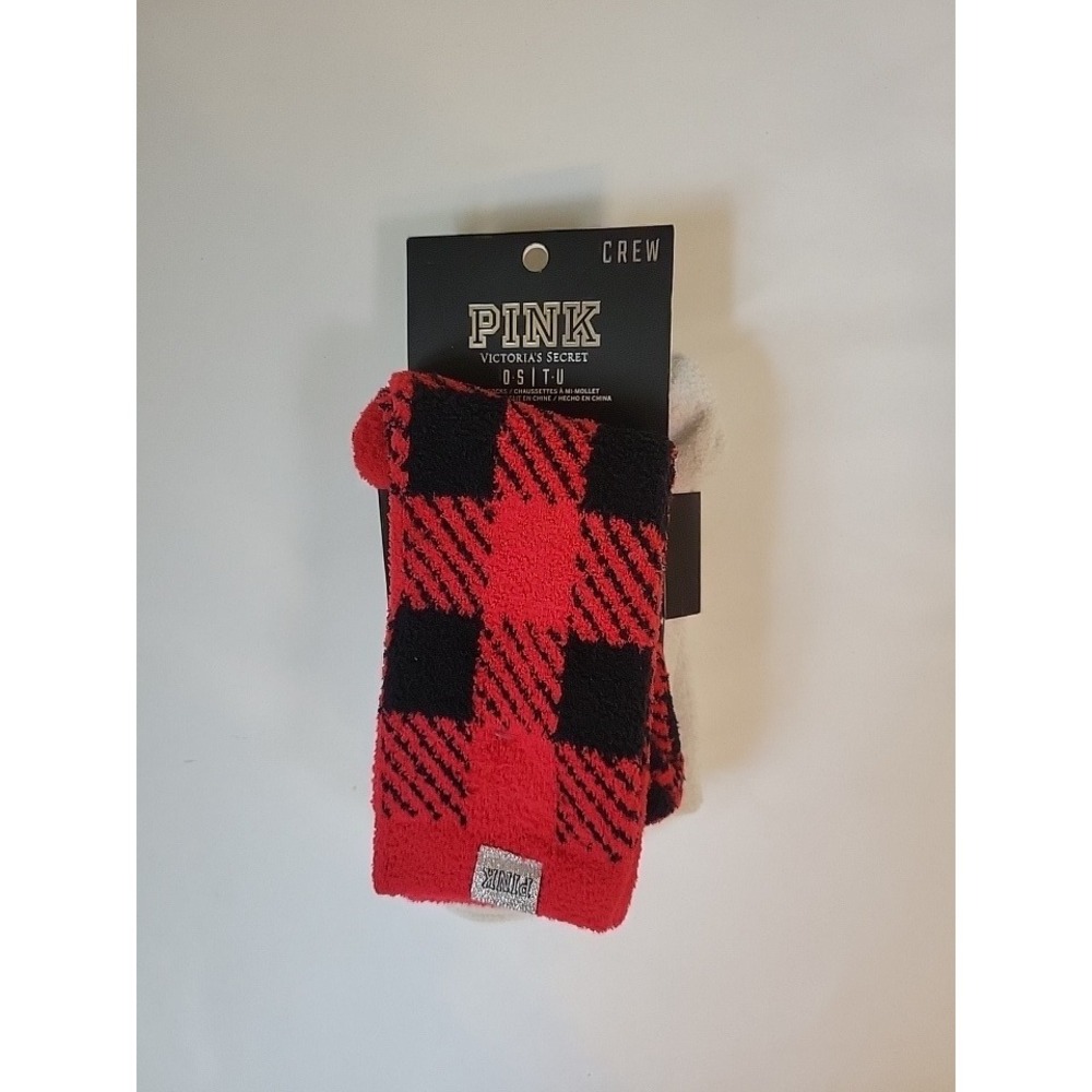 Victorias Secret PINK Crew Socks 2 Pack Red Buffalo Plaid White Fuzzy OS NEW
